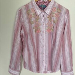 Robert Graham Woman’s Pink Striped Floral Embroidered Button Down Shirt
